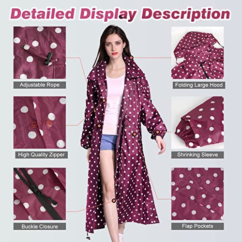 LAMA Womens Long Raincoats Rain Jacket Waterproof Packable Outdoor Hooded Windbreaker Lightweight Adjustable Waist for Outdoors(Red Dots, XXL) - Image 3