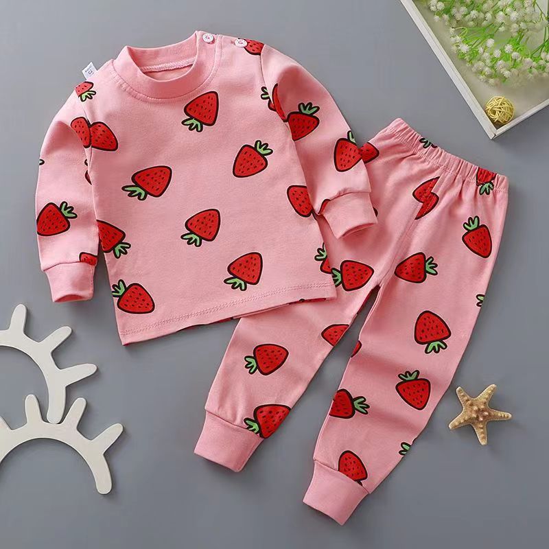 New childrens clothing spring and autumn childrens underwear suit baby autumn clothes long pants baby pajamas home clothes wholesale Cotton-Strawberry 