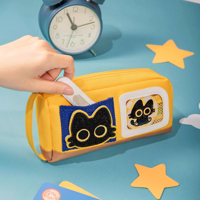 Lanxivi Pencil Case Large Capacity Adorable Cat Pencil Pouch Stationery Pen Bag for Teen Girls and Boys with Magic Sticker and Decoration Badges-Yellow - Image 3