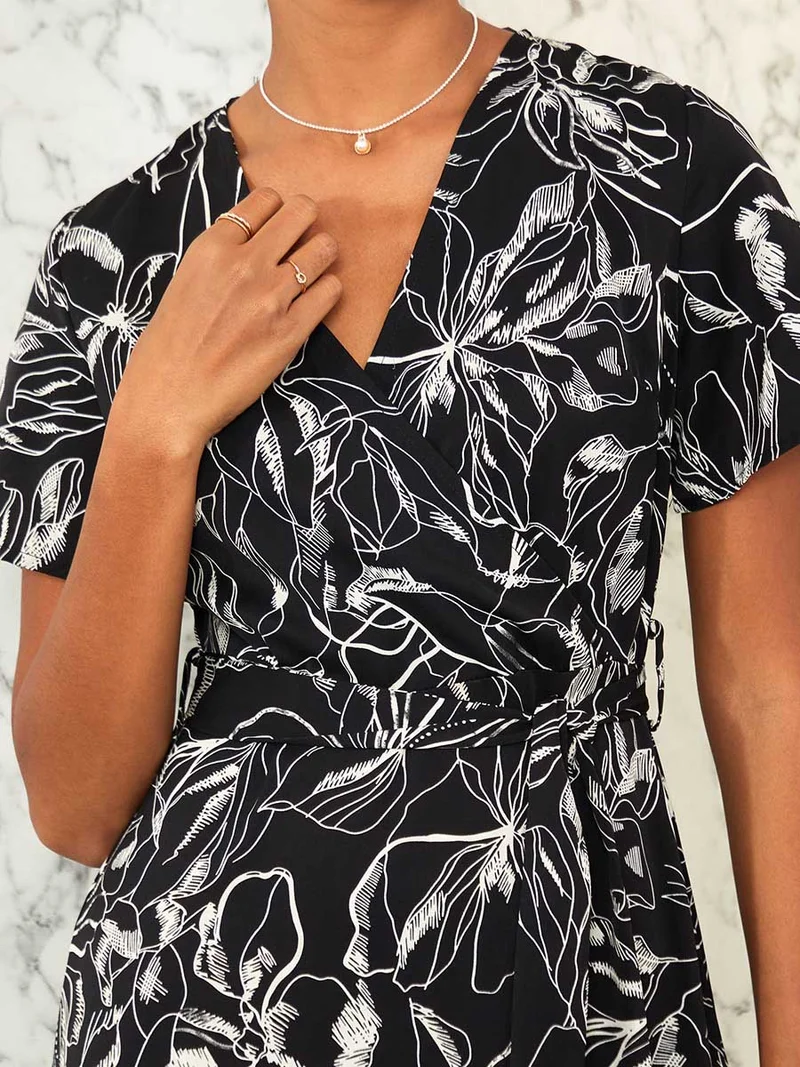 Styli Short Sleeves Floral Sketch Print Wrap Front Maxi Dress