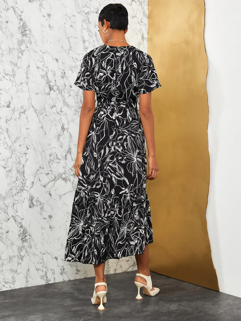 Styli Short Sleeves Floral Sketch Print Wrap Front Maxi Dress