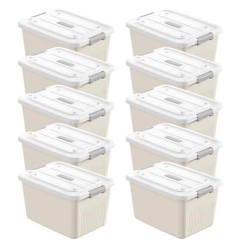 KREPS® Plastic Storage Box/Bins, Color : Cream, Container with Lock and Lid, Stackable, Heavy Duty Material, Available in Multiple Size and Sets. (Pack of : 10, LARGE: 14.5 X 10.5 X 8.2 INCH) - Image 1