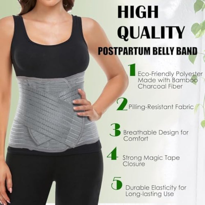 Postpartum belly wrap for abdominal support after childbirth, made of breathable nylon-spandex blend in black, ergonomic 9.5-inch width with adjustable compression for waist and pelvis stabilization - Image 5