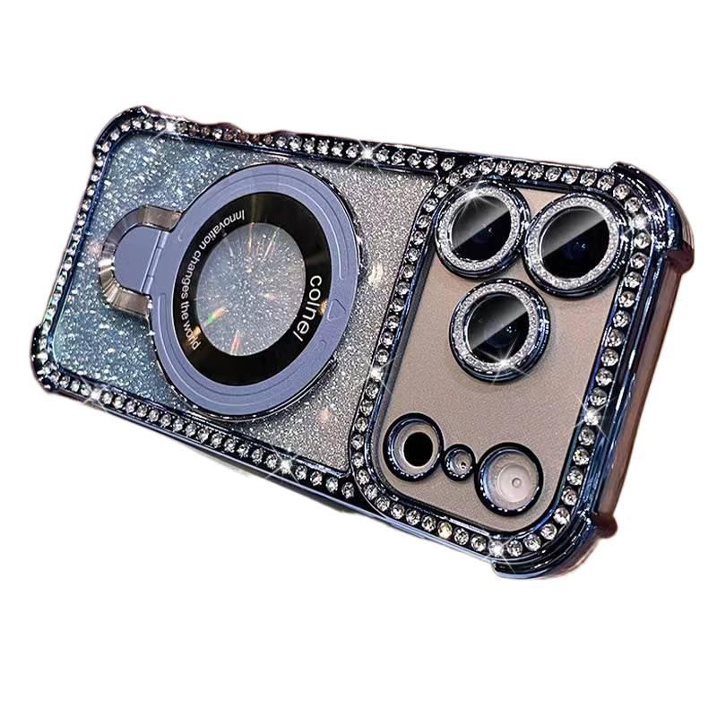 LS TPU MagSafe Case for iPhone 13 with Kickstand and Strong Magnetic plus Crystal Rhinestone plus Glitter in Blue - Image 1