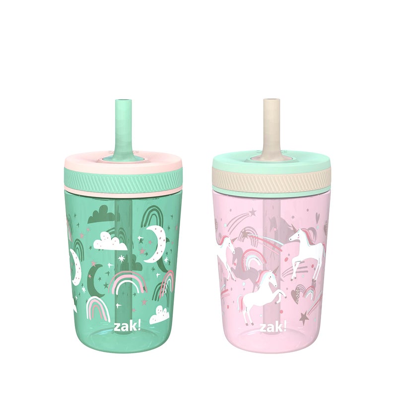 Zak Designs Kelso Toddler Cups For Travel or At Home, 15oz 2-Pack Durable Plastic Sippy Cups With Leak-Proof Design is Perfect For Kids (Fanciful Unicorn, Happy Skies) - Image 1
