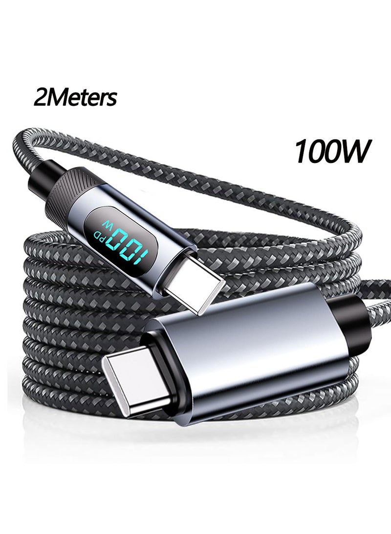إكس ليفيل كابل USB C إلى USB C بقوة 100 واط، بطول 2 متر، شحن سريع من النايلون المتين مع شاشة LED لأجهزة iPhone 16/15 Pro Max Plus، وMacBook Air وSamsung Galaxy S24، وGalaxy Z - Image 1