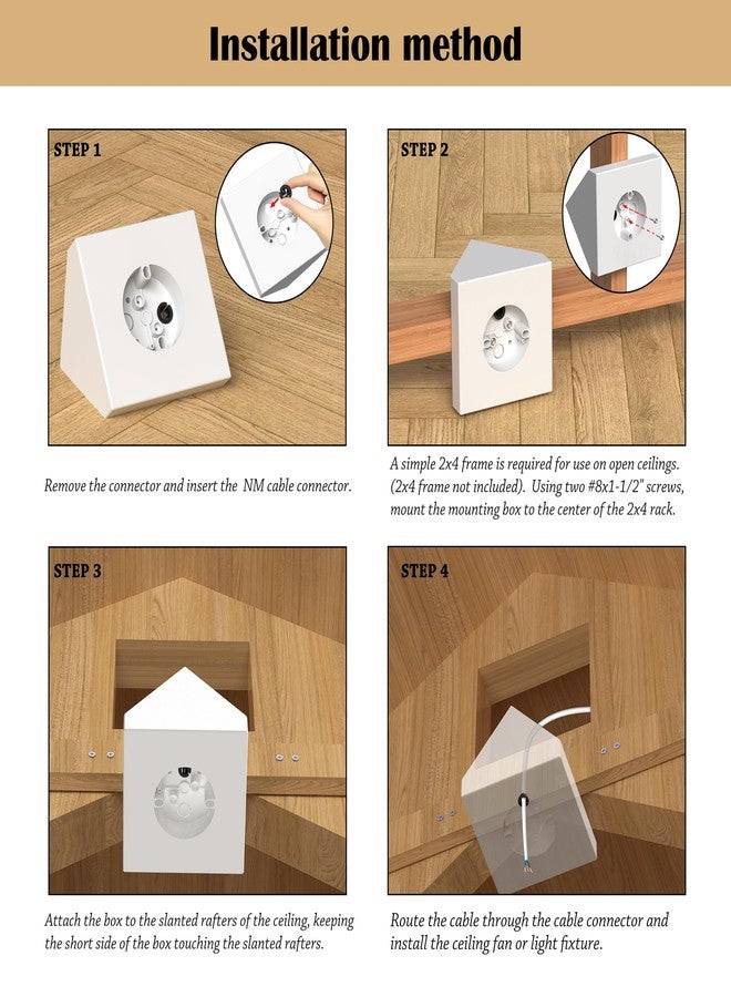 Vapikirv Fan Mounting Box, FB900-1 Ceiling Fan Fixture Mounting Box Supports Fans to 70 LBS and Fixtures up to 200 LBS, Paintable Ceiling Fan Mounting Bracket Fits Cathedral Ceiling Angles of 80° or Up, White - Image 3