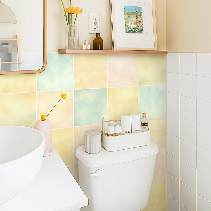 Alwayspon 15x15cmx10Pcs Self Adhesive Vinyl Waterproof Splashback Tiles Sticker, Peel and Stick Stick on Tile Transfer Sticker for Bathroom Kitchen Floor Wall, Light Yellow Green Pink Blue - Image 1