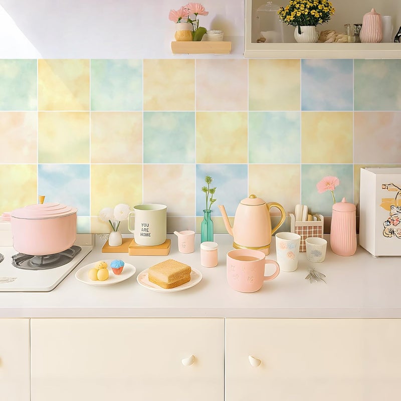 Alwayspon 15x15cmx10Pcs Self Adhesive Vinyl Waterproof Splashback Tiles Sticker, Peel and Stick Stick on Tile Transfer Sticker for Bathroom Kitchen Floor Wall, Light Yellow Green Pink Blue - Image 3