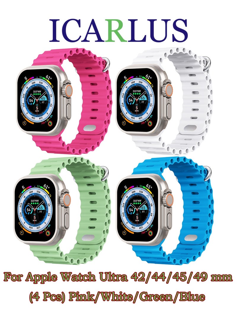 ICARLUS Ocean Band Compatible with Apple Watch Ultra Band 49/45/44/42mm, Soft Silicone Sport Band Replacement Strap for Apple Watch Ultra2/Ultra iWatch Series 9 8 7 SE 6 5 4 3 2 1, 4 Pack  - Image 1
