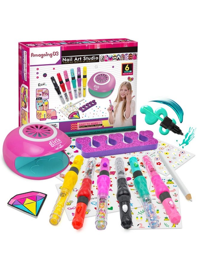 Amagoing - Amagoing Nail Art Studio for Girls, Nail Polish Kit for Kids Age 6-12 Year Old, 3 in 1 Nail Polish Pen, Nail Dryer, Fashion Stickers, Glitter, Decoration Supplies, Makeup Gift for Birthday, Girly Spa - Image 1