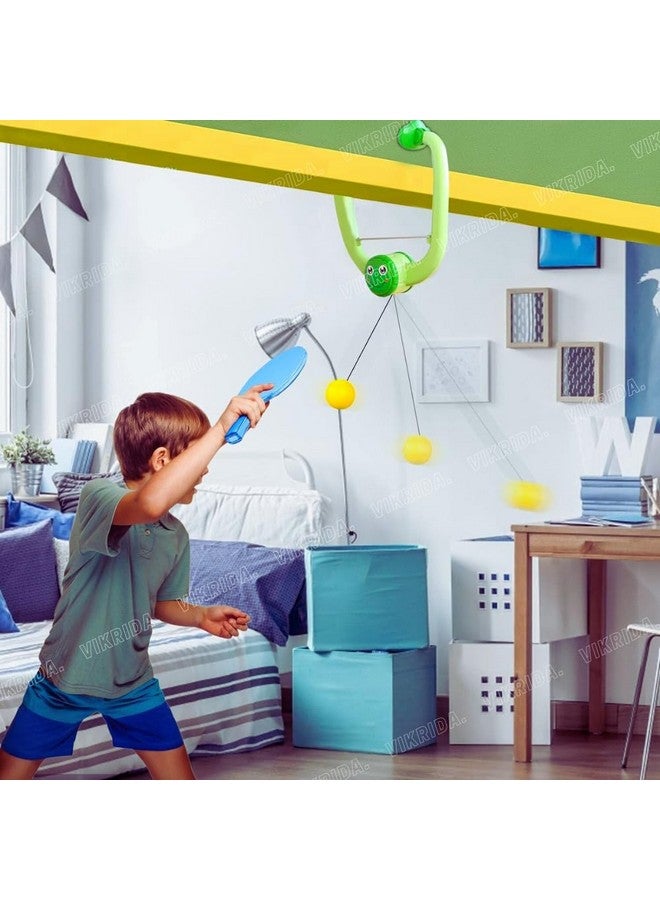 VikriDA Hanging Table Tennis Self Training Indoor Gaming 2 Racket & 3 Practice Ball Portable - Double Sparring Hanging Toys Parent Child Interaction Indoor Toys - Frog Hanging Table Tennis, Green - Image 4