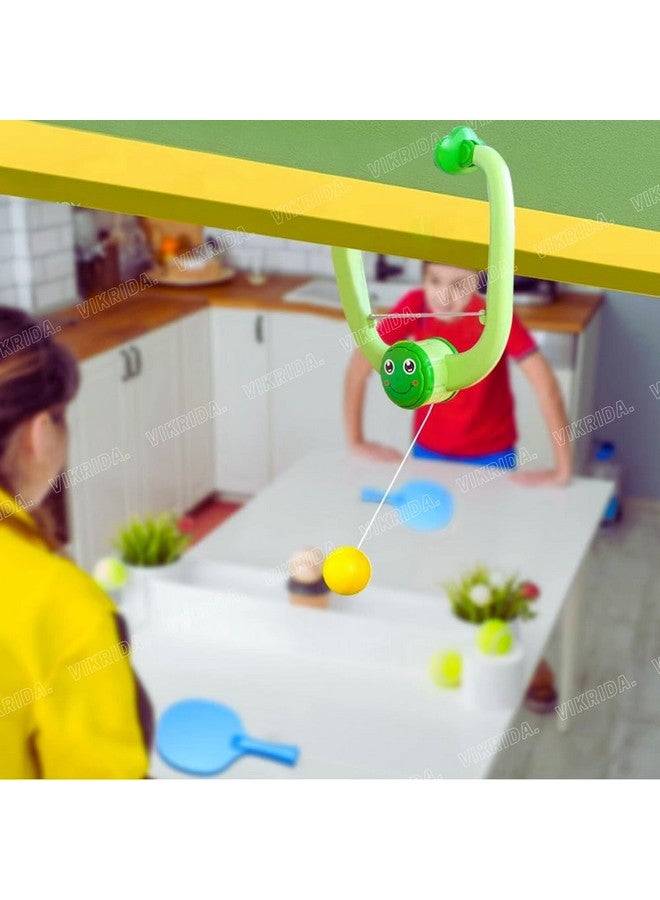 VikriDA Hanging Table Tennis Self Training Indoor Gaming 2 Racket & 3 Practice Ball Portable - Double Sparring Hanging Toys Parent Child Interaction Indoor Toys - Frog Hanging Table Tennis, Green - Image 5