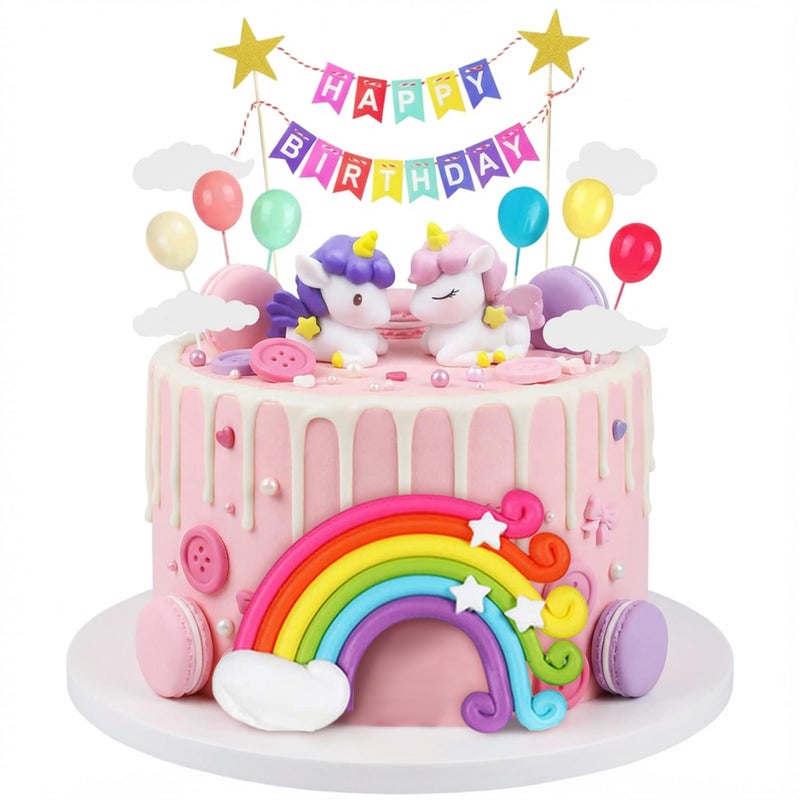 Knana 16Pcs Unicorn Cake Topper Unicorn Rainbow Cake Toppers Colorful Rainbow Clouds Birthday Cake Topper for Happy Birthday Cake Decorations Party Supplies - Image 1