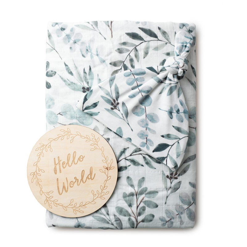 Miaoberry Organic Muslin Swaddle Blankets with Matching Hat and Wooden Hello World Newborn Sign  Eucalyptus Newborn Photography Props  Birth Announcement Sign