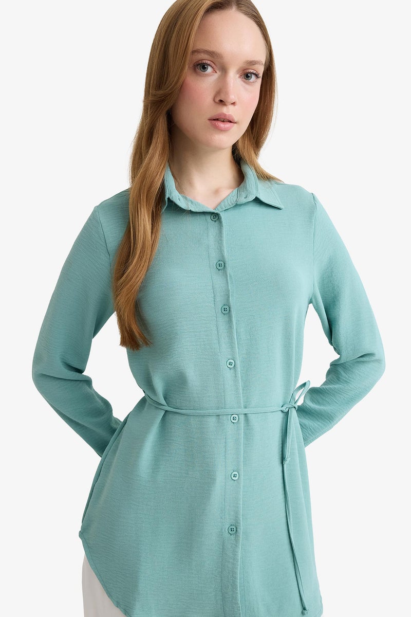 DeFacto Blue Woman Regular Fit Shirt Collar Long Sleeve Tunic Casual - Image 1