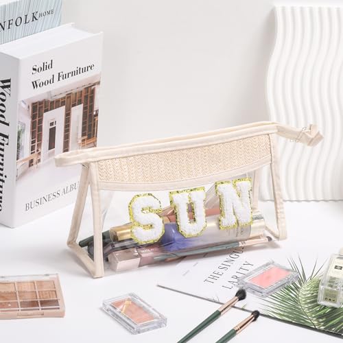 Etercycle Boho Patch SUN Cosmetic Bag, Transparent PVC Travel MakeUp Pouch Waterproof Toiletry Organizer, Small Chenille Varsity Letter Patch Bag Woven Makeup Bag - Image 5
