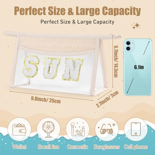 Etercycle Boho Patch SUN Cosmetic Bag, Transparent PVC Travel MakeUp Pouch Waterproof Toiletry Organizer, Small Chenille Varsity Letter Patch Bag Woven Makeup Bag - Image 2