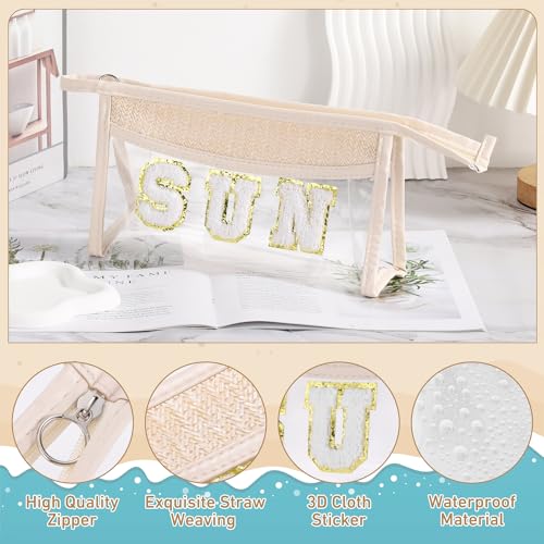 Etercycle Boho Patch SUN Cosmetic Bag, Transparent PVC Travel MakeUp Pouch Waterproof Toiletry Organizer, Small Chenille Varsity Letter Patch Bag Woven Makeup Bag - Image 3