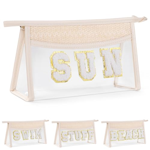 Etercycle Boho Patch SUN Cosmetic Bag, Transparent PVC Travel MakeUp Pouch Waterproof Toiletry Organizer, Small Chenille Varsity Letter Patch Bag Woven Makeup Bag - Image 1