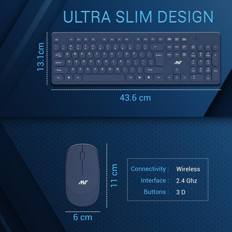 Ant Wireless Keyboard and Mouse, Silent Keyboard Mouse Combo, Full-Sized Colorful Typewriter Keyboard with Round Keycaps, 2.4G Cute Mouse Compatible with PC/Laptop/Compute - Blue - Image 3