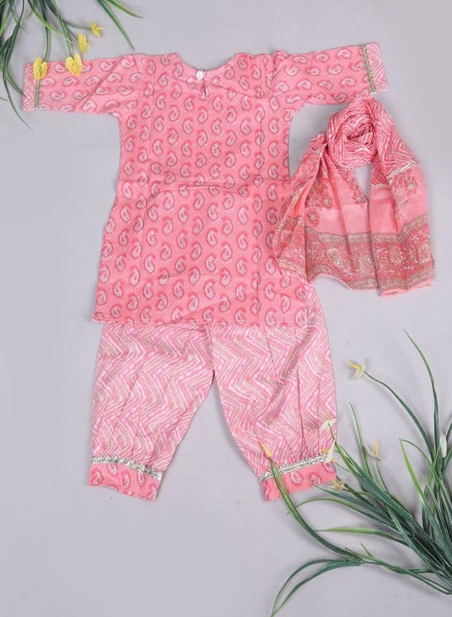 LITTLE DREAMS Kurta with Afgani Pent and Dupatta Set (Pink, 6-7 Years) - Image 3