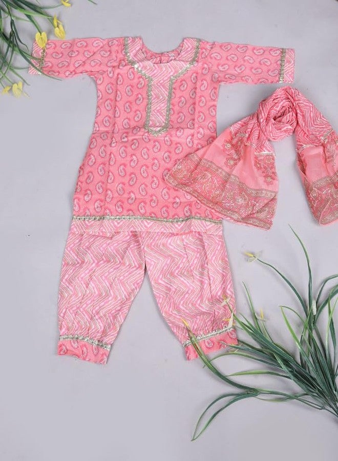 LITTLE DREAMS Kurta with Afgani Pent and Dupatta Set (Pink, 6-7 Years) - Image 4