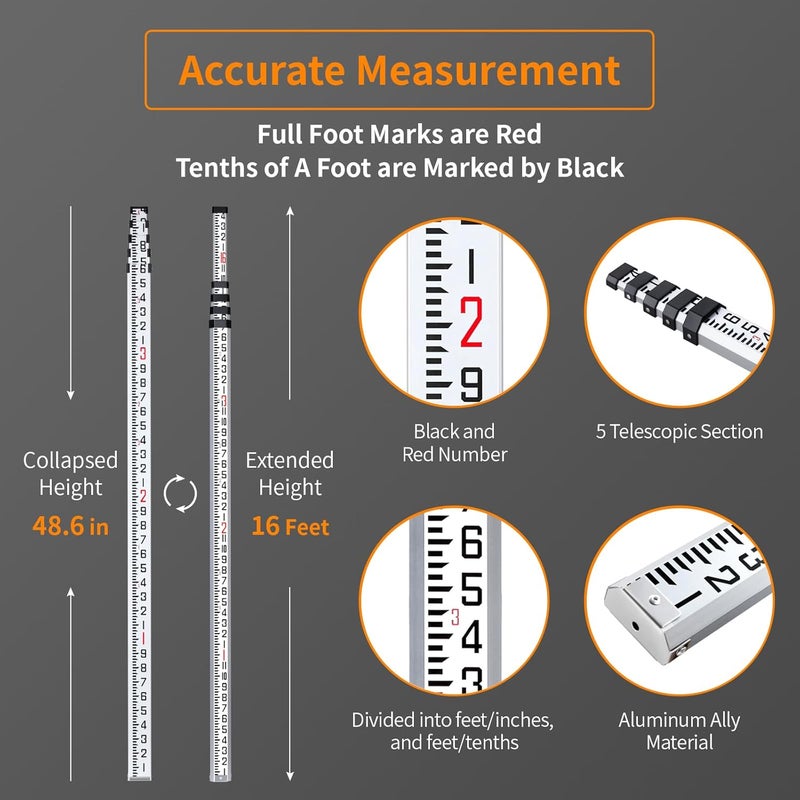 Firecore 16-Foot Aluminum Grade Rod - 10ths, 5 Sections Telescopic with Bubble Level-FLR500B - Image 2
