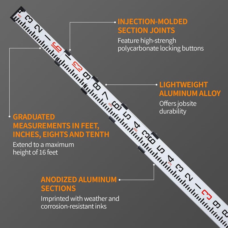 Firecore 16-Foot Aluminum Grade Rod - 10ths, 5 Sections Telescopic with Bubble Level-FLR500B - Image 3
