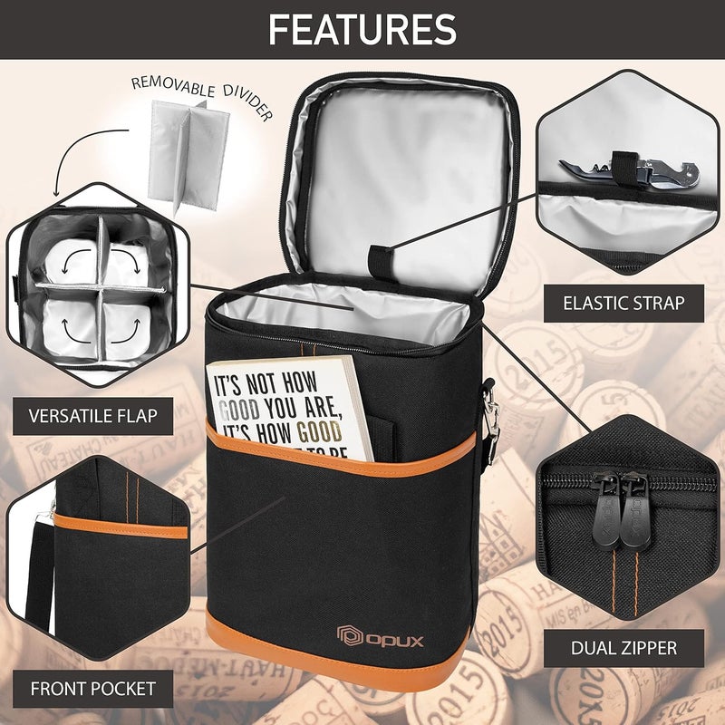 OPUX 4,6 Bottle Wine Bag Tote Carrier | Leakproof Insulated Wine Cooler Bag for Travel, BYOB, Picnic | Padded Portable Wine Bottle Bag for Dinner Party, Christmas Gift for Wine Lovers, Women, Men - Image 4