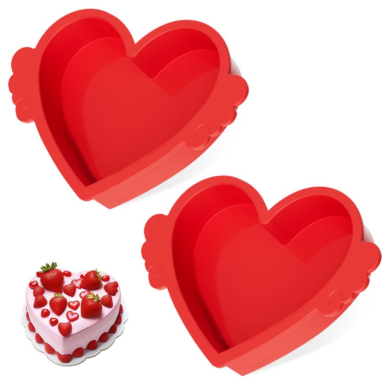 AOTASO 8 Inch Heart Shaped Cake Pans for Valentine's Day Silicone Heart Cake Pan with Metal Reinforced Frame Nonstick Silicone Heart Molds for Baking Set of 2 (Red) - Image 1