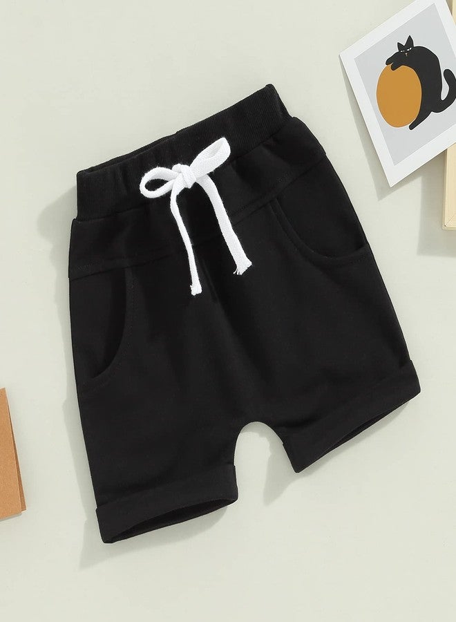 Thilsidee 3 Pack Toddler Baby Boy Girl Solid Color Shorts Elastic Waist Casual Short Trousers Spring Summer Fall Short Pants (A-Black Grey Blue, 12-18 Months) - Image 2