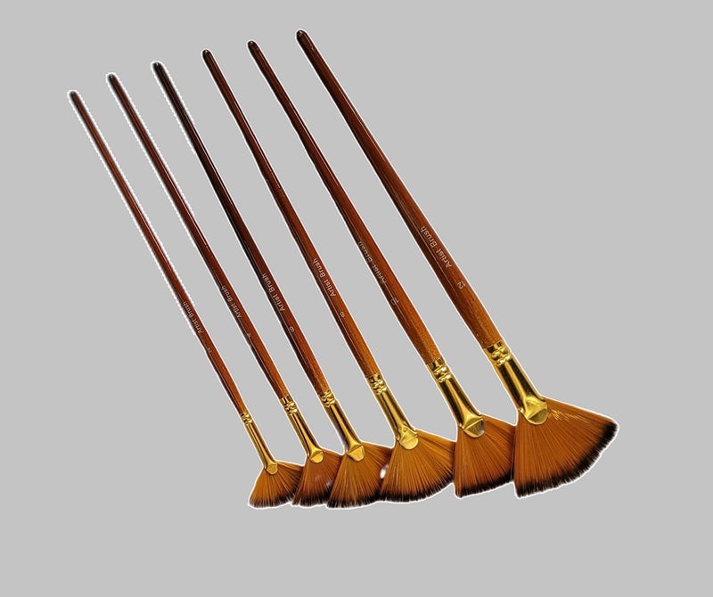 QALAM Kaari Art Taklon Hair Artists Hobbyists Brush Set (Fan Brushes Sizes- 2, 4, 6, 8, 10, 12) for Blending, Texture, Special Effects, Grass, Fur, Foliage. Multicolour  - Image 4