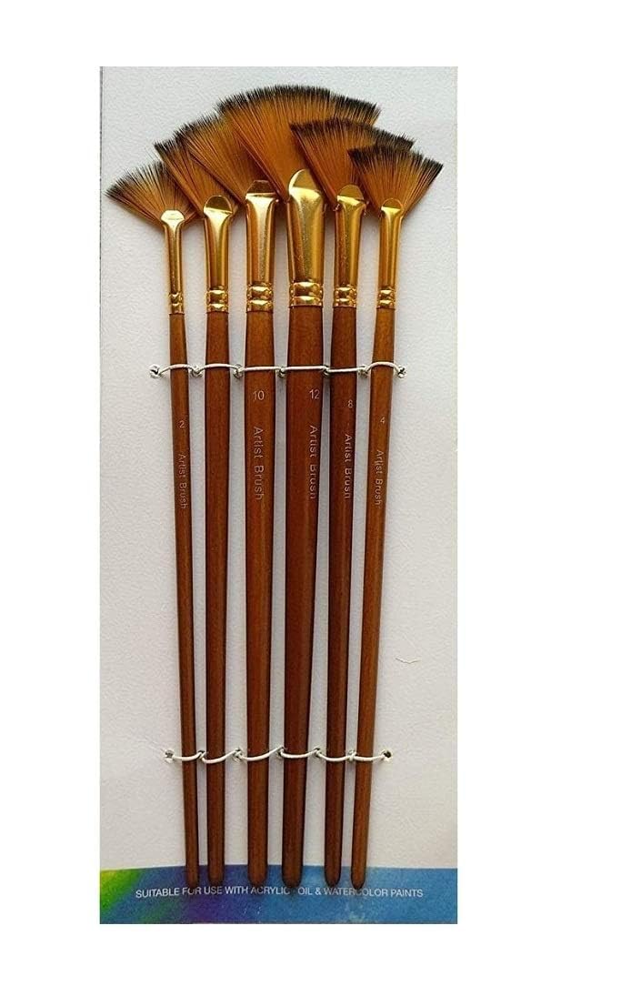 QALAM Kaari Art Taklon Hair Artists Hobbyists Brush Set (Fan Brushes Sizes- 2, 4, 6, 8, 10, 12) for Blending, Texture, Special Effects, Grass, Fur, Foliage. Multicolour  - Image 1