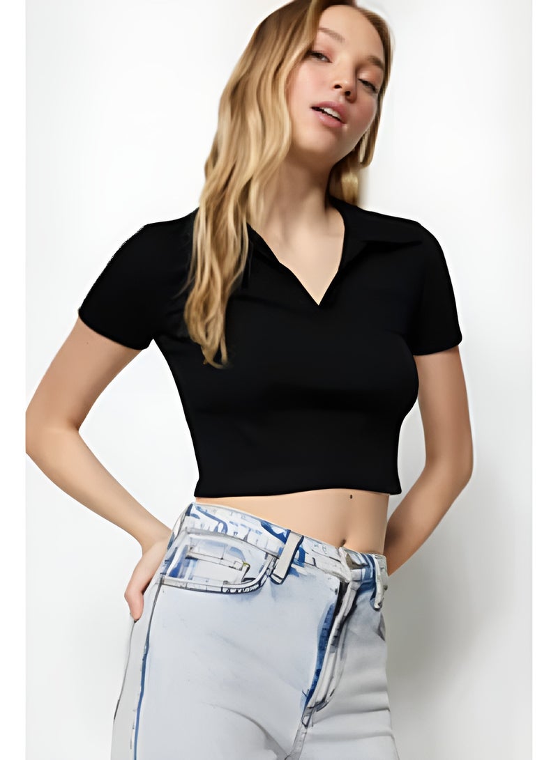 Black Fitted/Situated Crop Polo Neck Ribbed Stretch Knitted Blouse TWOSS21BZ0038