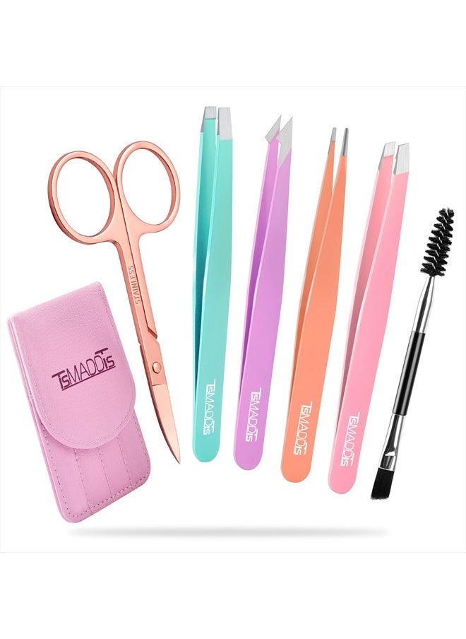TsMADDTs Eyebrow Tweezer Set, TsMADDTs 6 Pcs Tweezers Set for Women, Precision Tweezer for Eyebrows with Curved Scissors for Ingrown Hair, Hair Plucking Daily Beauty Tools with Leather Travel Case  - Image 1
