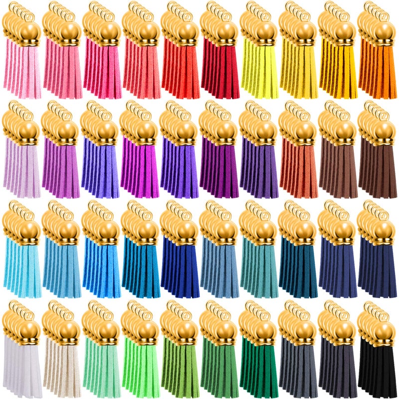 Duufin 200 Pieces Keychain Tassels Bulk Leather Tassel Colored Tassel Pendants for DIY Keychain and Craft 40 Colors Gold Cap