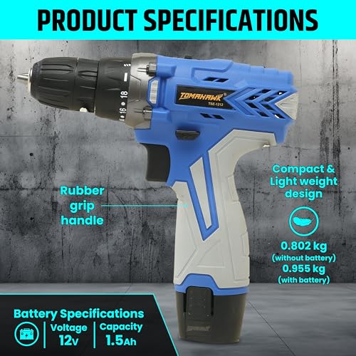TOMAHAWK® TSE-1212 12V Cordless Drill/ScrewDriver Kit | 10mm Keyless Chuck, 2-Speed (350/1350 RPM), 28Nm Torque, Dual Battery (1.5Ah x2), LED Light, Variable Speed, Reverse Function & BMC Case - Image 2