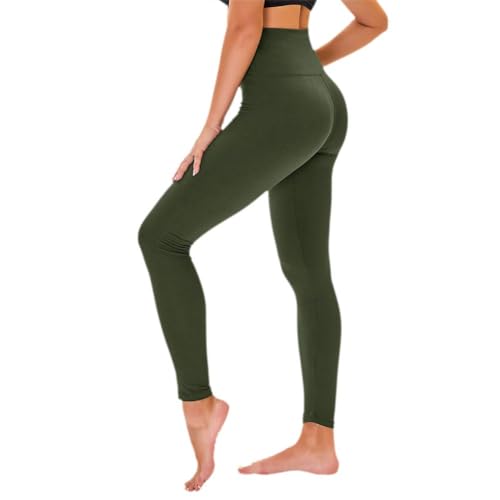 TNNZEET High Waisted Leggings for Women - No See Through Tummy Novelty Workout Yoga Pants with Pockets Reg & Plus Army Green - Image 1