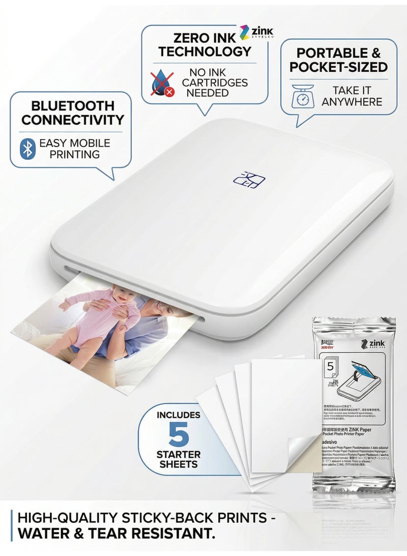 HPRT Portable Photo 300dpi Pocket Mini AR Printer with DIY Sharing Function, 550mAh, Zinc Paper Printer, White (with 5 Photo Papers) - Image 1