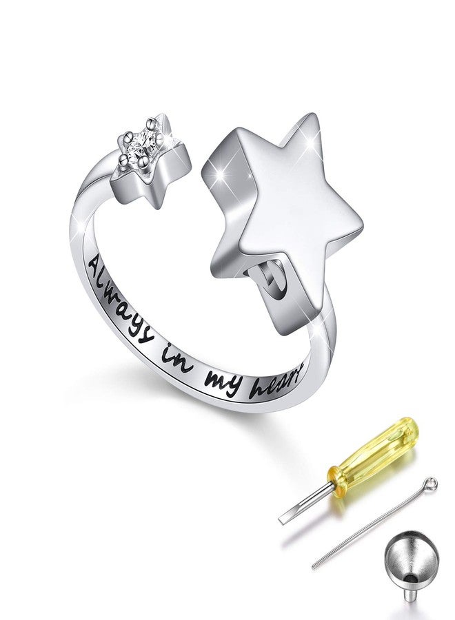 Ladytree Star Cremation Urn Ring S925 Sterling Silver Always In My Heart Memorial Ashes Keepsakes Adjustable Open Finger Ring Jewelry for Women,Size 10 - Image 1