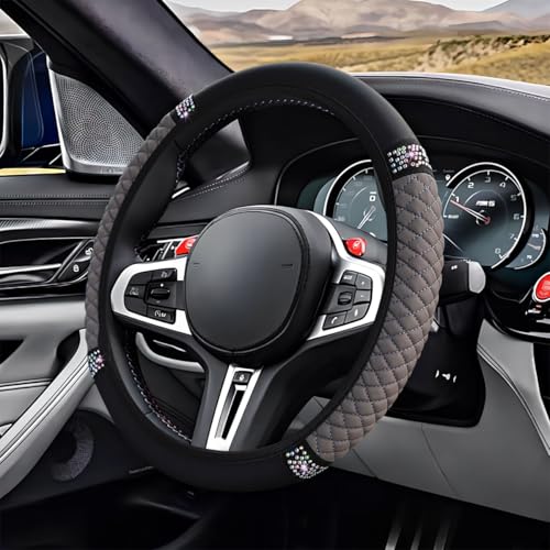 ZIMISI Bling Soft Leather Steering Wheel Cover 15 AntiSlip Sparkly Crystal Auto Elastic Steering Wheel Protector for Women Girl Colorful Diamond Car Interior Accessory for Most Cars Grey - Image 1