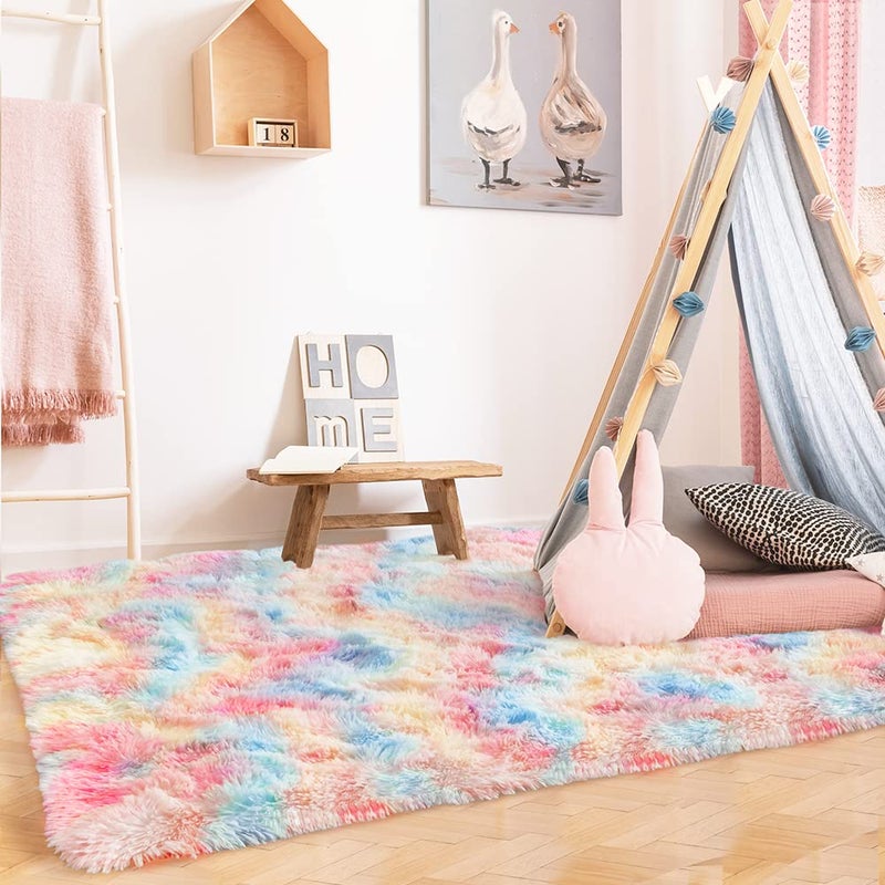 LOCHAS Luxury Fluffy Rainbow Area Rug for Girls Bedroom 4x6 Soft Fuzzy Kids Rugs for Bedroom Boys Playroom Cute Colorful Tie Dye Princess Carpet for Nursery Living Room Home Decor Rainbow