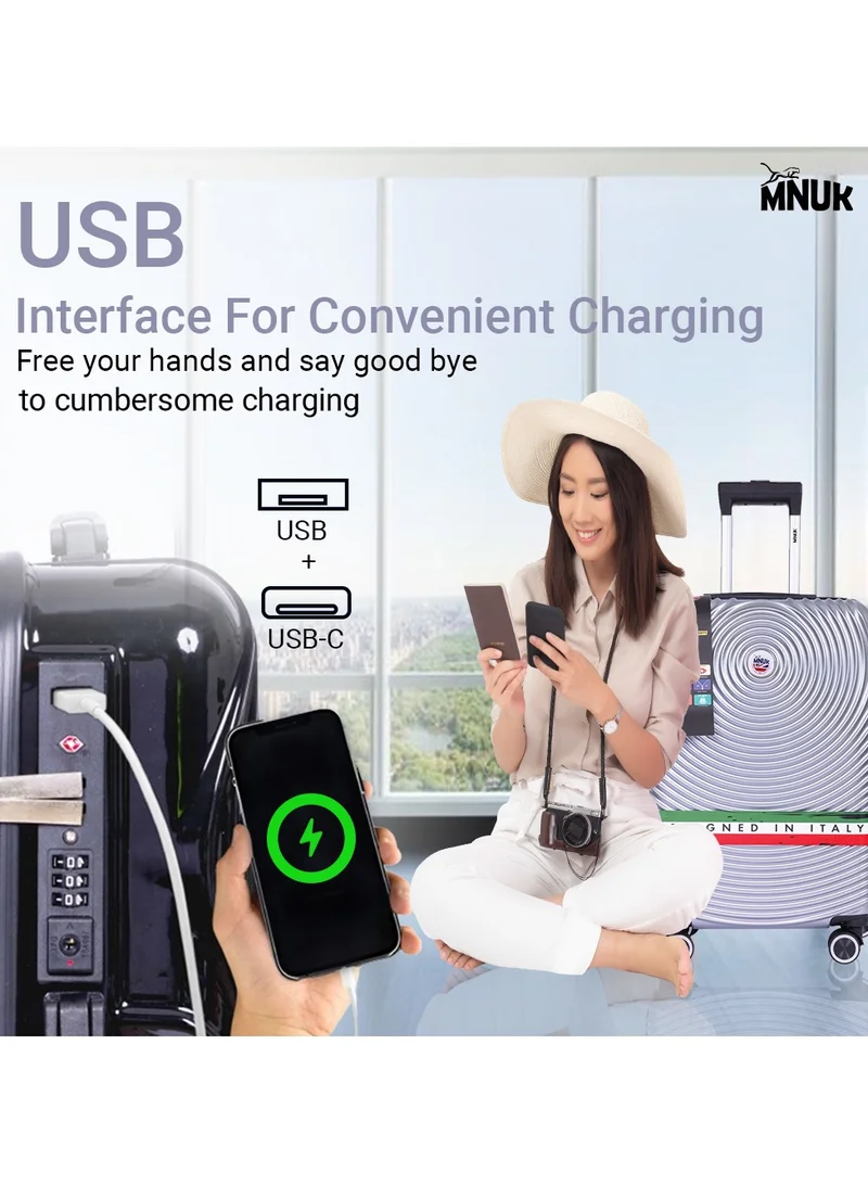 منيك أمتعة الرحلات البحرية | عربة بمقبض ناعم من الجانب الصلب مع منفذ USB وقفل عالمي | عربة مزدوجة 360 درجة بأربع عجلات| كابينة 20 بوصة | فضة