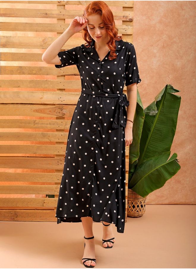 Freehand - Women A-Line Casual Polka Dot Long Dress - Image 1