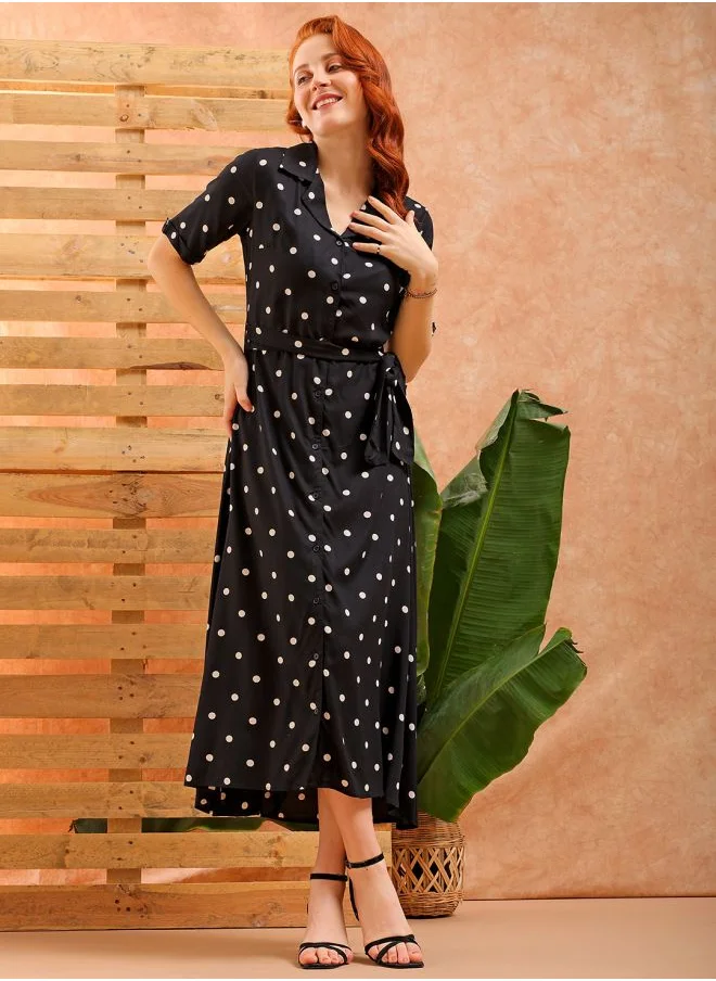 Freehand Women A-Line Casual Polka Dot Long Dress