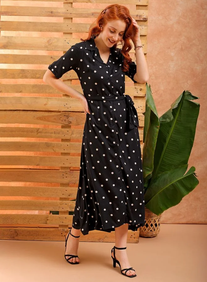 Freehand Women A-Line Casual Polka Dot Long Dress
