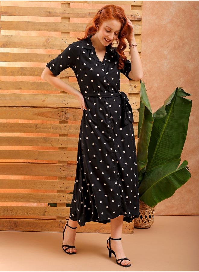 Freehand - Women A-Line Casual Polka Dot Long Dress - Image 1