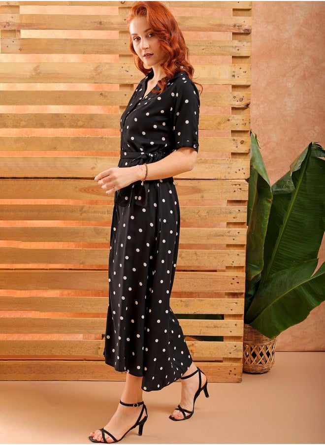 Freehand - Women A-Line Casual Polka Dot Long Dress - Image 1