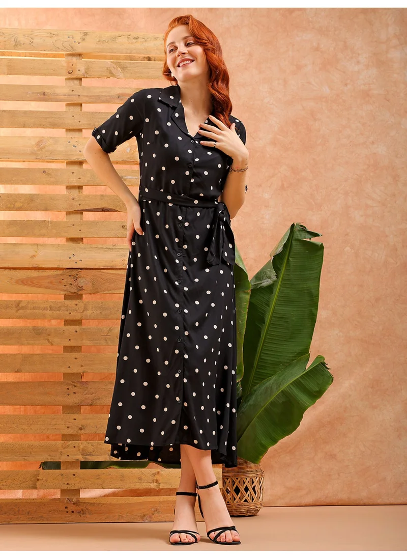 مرفوعة Women Casual A-Line Polka Dot Printed Collared Neck Longlength Long Dress